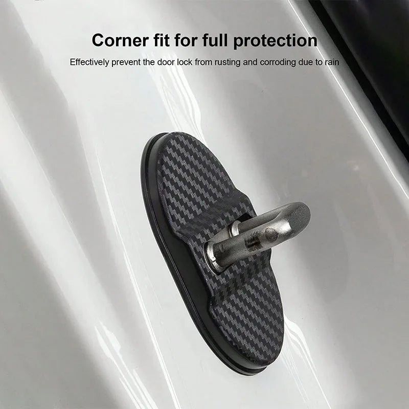 A black corner fit door lock cover with a carbon-fiber texture, designed for full protection against rust and corrosion.