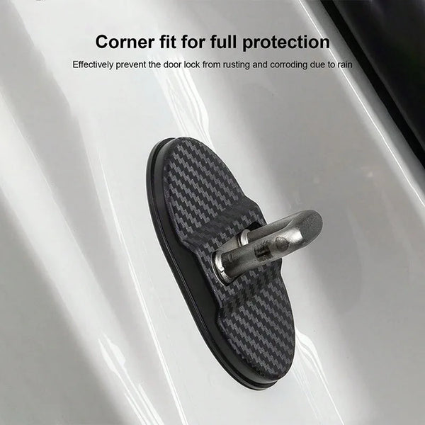 A black corner fit door lock cover with a carbon-fiber texture, designed for full protection against rust and corrosion.