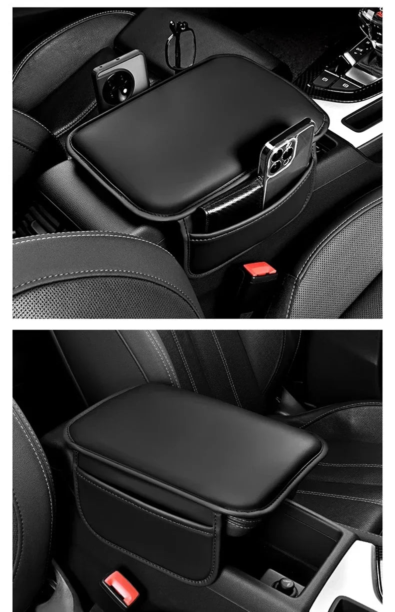 Black PU leather car armrest cover with a storage bag for Lexus models.