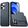 A dark gray slim protective phone case shown with a transparent back revealing a hidden card holder feature.