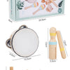 A set of wooden percussion instruments including shakers, maracas, and sticks packaged in a box.