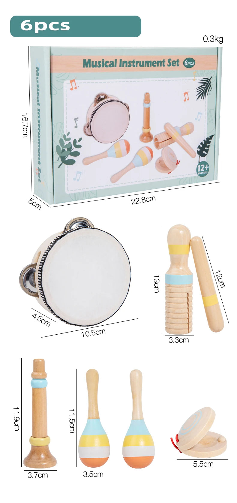 A set of wooden percussion instruments including shakers, maracas, and sticks packaged in a box.