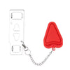 Loquet de porte à double trou en acier inoxydable avec une étiquette triangulaire rouge et une chaîne.