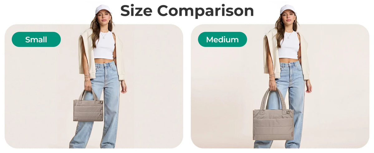 Size comparison showing a small and medium version of a multi-functional boxy tote bag for work, travel, and college.