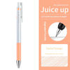 Ein weißer und orangefarbener Pilot Juice Up Gelstift neben Marketingtext, der 22 bunte Tintenoptionen beschreibt.