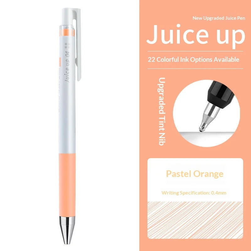 Ein weißer und orangefarbener Pilot Juice Up Gelstift neben Marketingtext, der 22 bunte Tintenoptionen beschreibt.