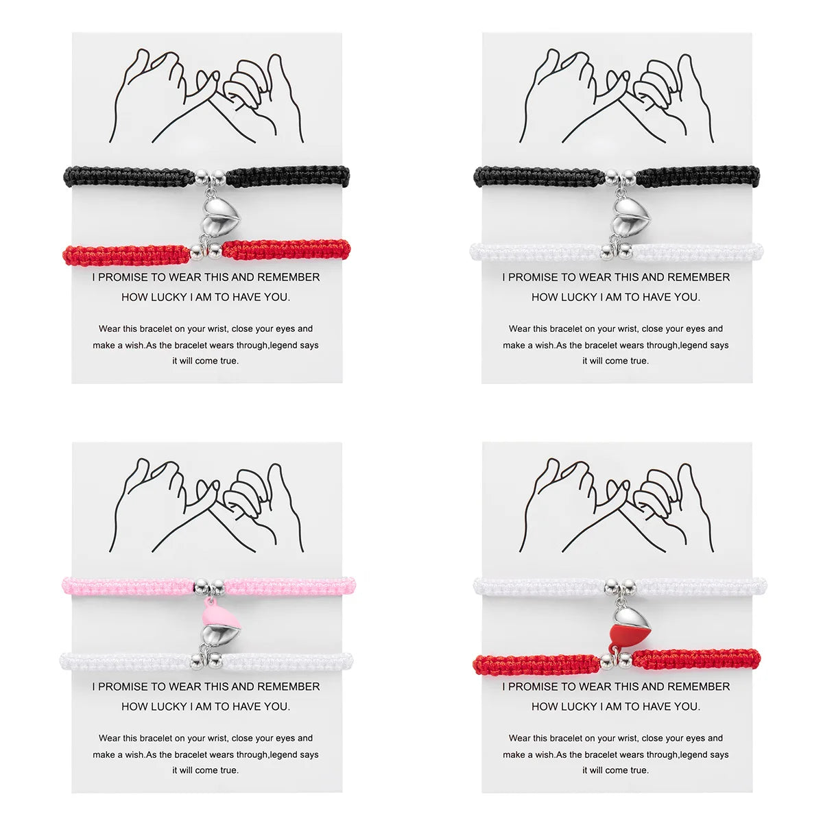 Two sets of magnetic heart couple bracelets displayed on white backgrounds.