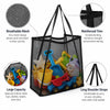 Black breathable mesh tote bag with reinforced trim and long shoulder straps holding various toys