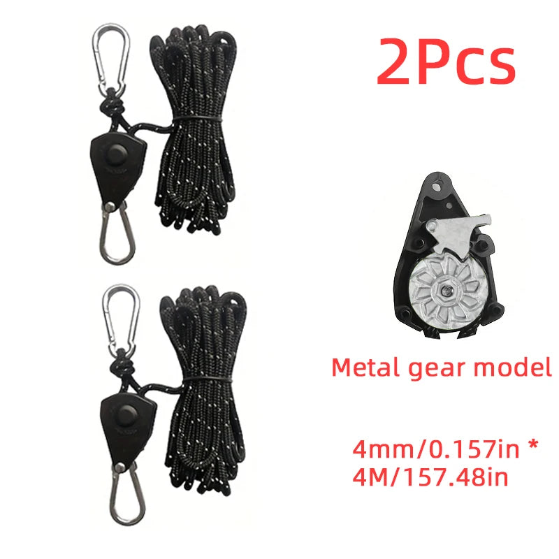 Two sets of black metal gear ropes with carabiner clasps and ratchet locks
