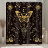 Black shower curtain featuring a gold gothic skull design with moth and floral patterns.