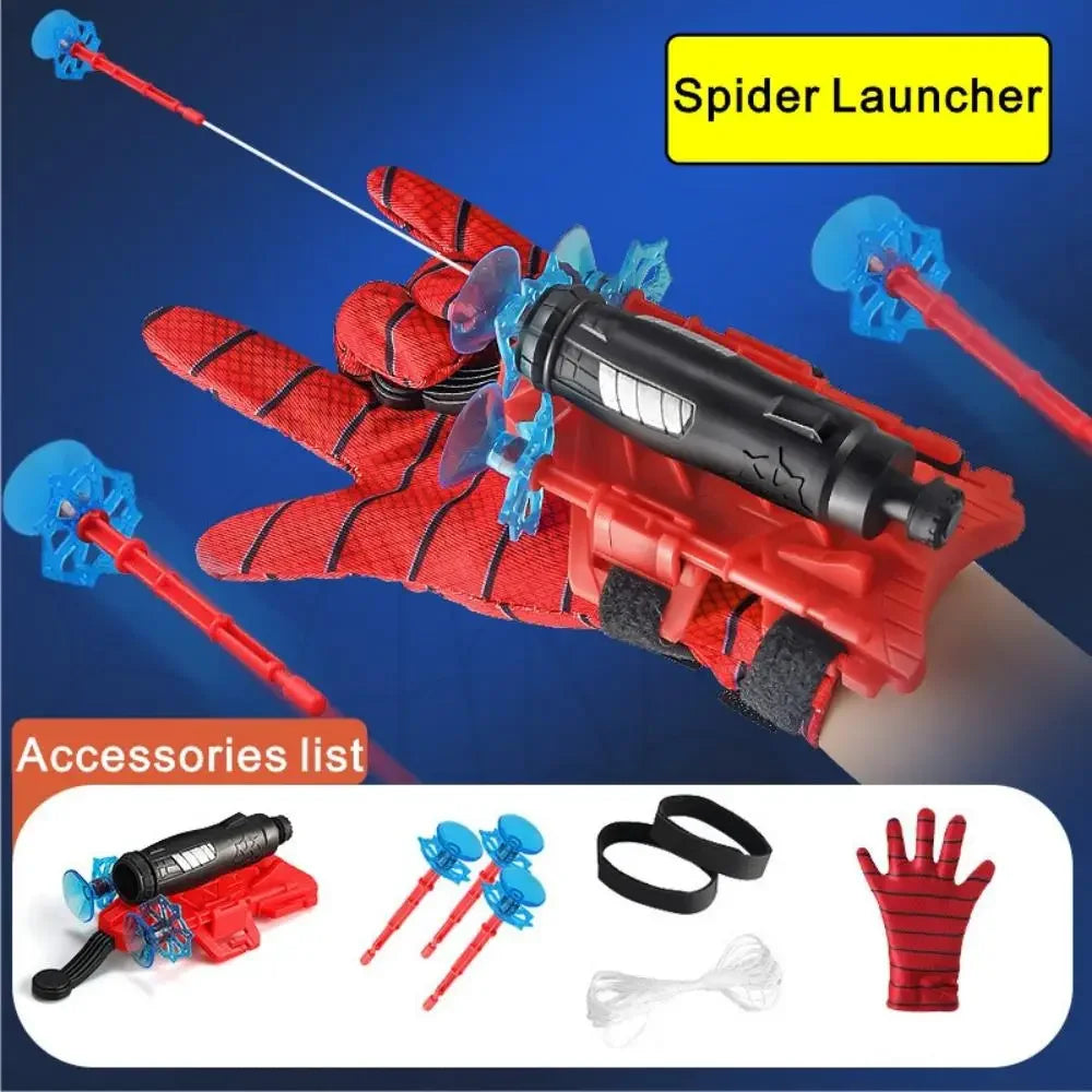 Rote Superheldenhandschuh mit Spinn-Launcher und Zubehör, einschließlich Web-Shooter und Handschuhe.
