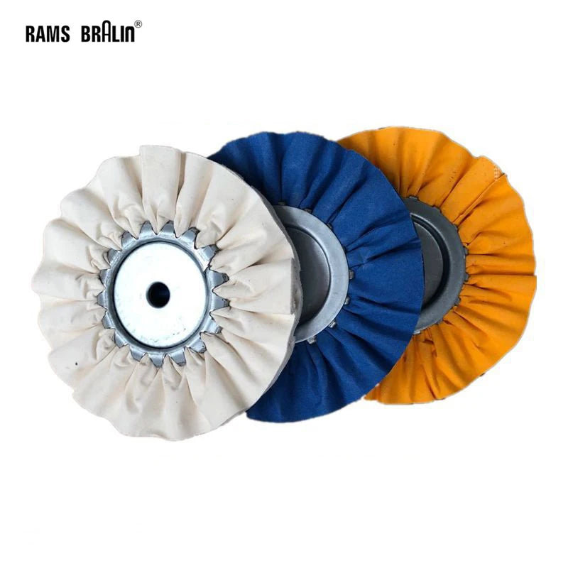 Three airway buffing wheels in beige, blue, and orange for metal polishing