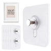 A white wall-mounted hook with a silver finish and a rectangular frame design shown next to a pack of adhesive hooks.