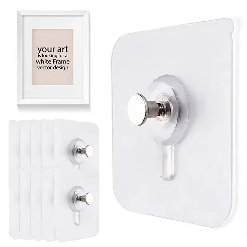 A white wall-mounted hook with a silver finish and a rectangular frame design shown next to a pack of adhesive hooks.