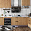 Modern kitchen cabinet and backsplash featuring light wood grain cabinets, black subway tile, and stainless steel appliances.