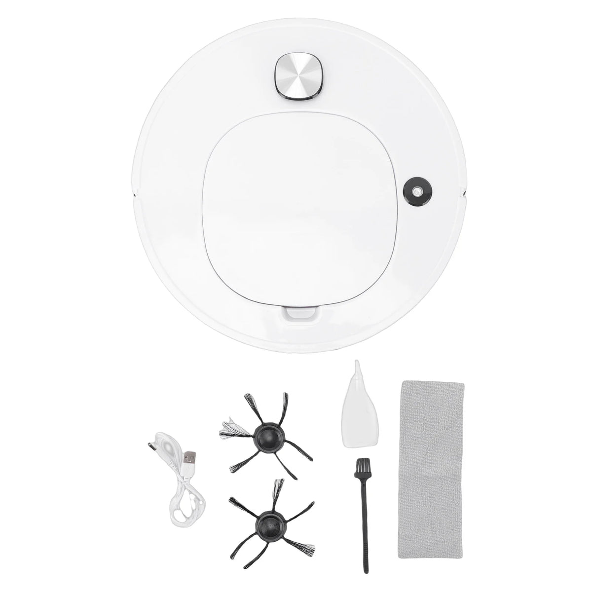 A white 4-in-1 robot vacuum and mop combo with accessories shown below.