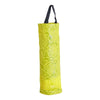 A yellow plastic bag dispenser with a black strap, featuring a pattern of embossed roses.