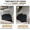 Two ways of using a memory foam car seat cushion, either as a seat cushion or a lumbar pillow.