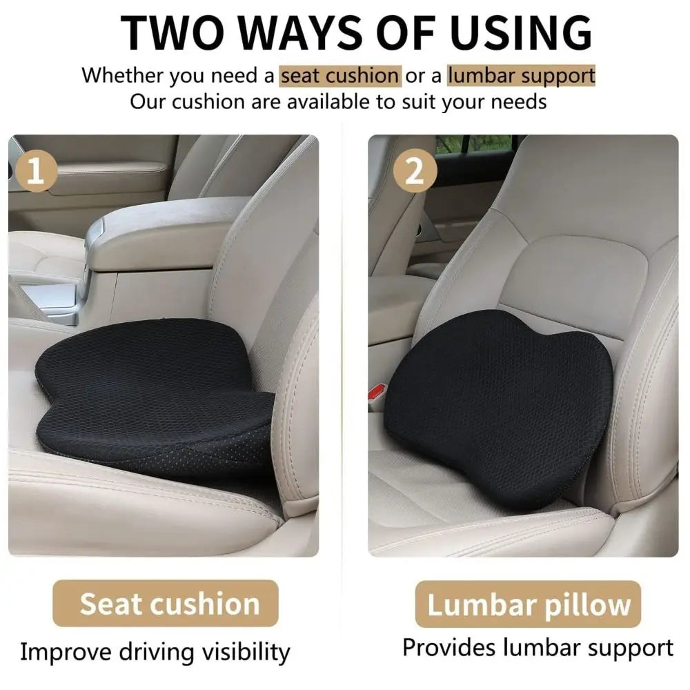 Two ways of using a memory foam car seat cushion, either as a seat cushion or a lumbar pillow.