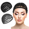 Black mesh crochet hair net shown as a headband and a dome shape on a model's head
