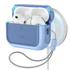 A light blue case for AirPods Pro 3 earbuds with a magnetic lock and charging cable attached.