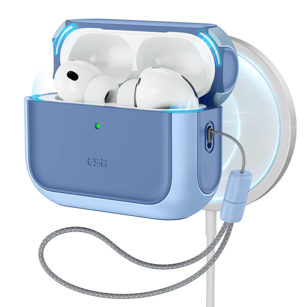 A light blue case for AirPods Pro 3 earbuds with a magnetic lock and charging cable attached.