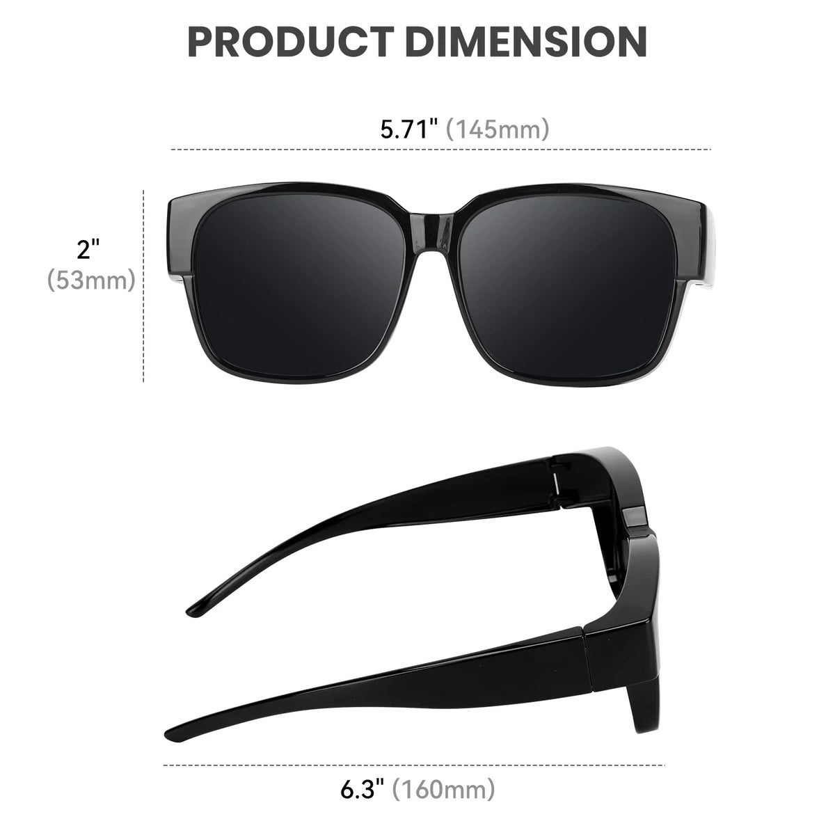 Gafas de sol negras ajustadas con medidas dimensionadas.