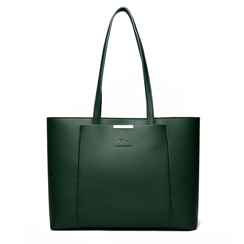 Genuine Leather Tote Bag with Multiple Pockets &amp; Zipper Closure