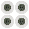 Four views of a white digital hygrometer thermometer displaying 67% humidity and 87.3 degrees Fahrenheit
