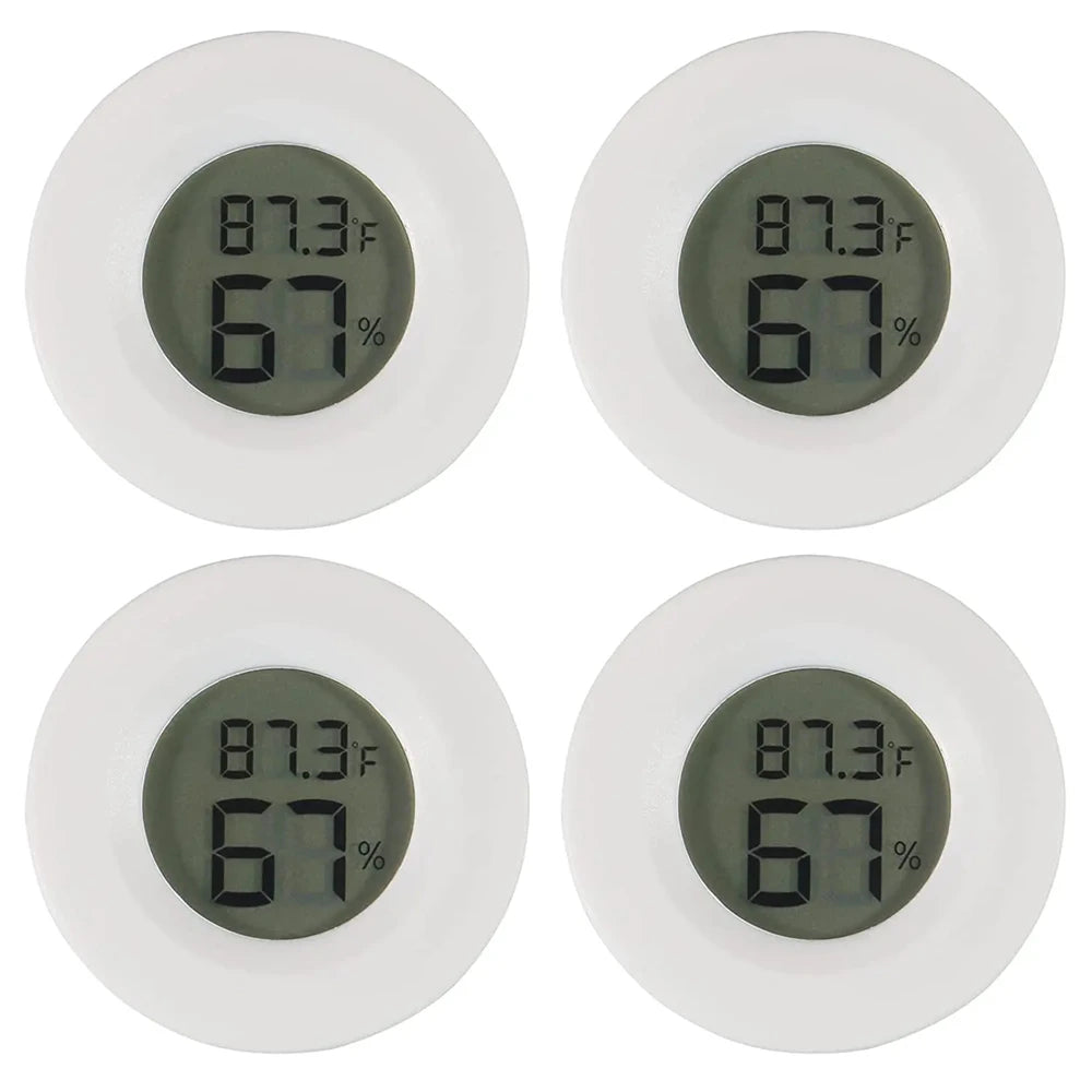 Four views of a white digital hygrometer thermometer displaying 67% humidity and 87.3 degrees Fahrenheit