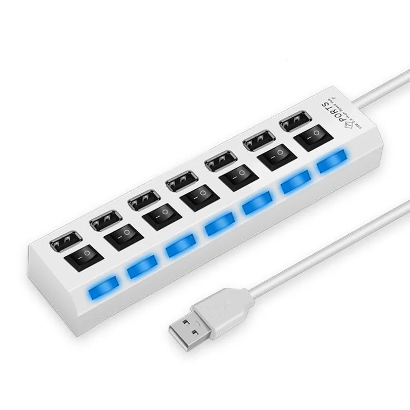 A white USB 2.0 multi-port hub with multiple ports and a blue LED switch connected to a cable.