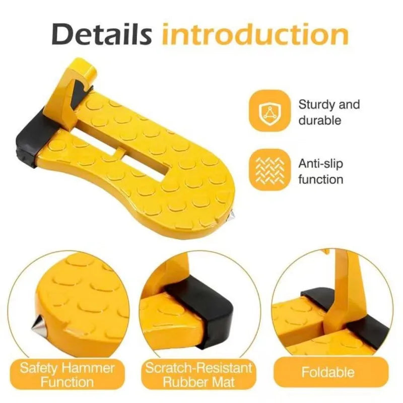 Yellow foldable aluminum car step hook with anti-slip features and safety hammer function