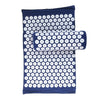 A dark blue acupressure mat and pillow set featuring a grid pattern of white dots.