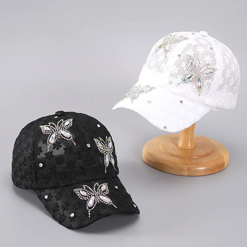 Lace Butterfly Snapback Cap with Rhinestone Accents