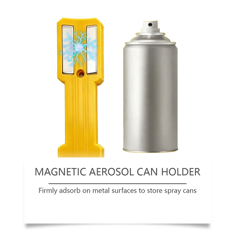 A yellow magnetic aerosol can holder with a silver cylindrical storage container.