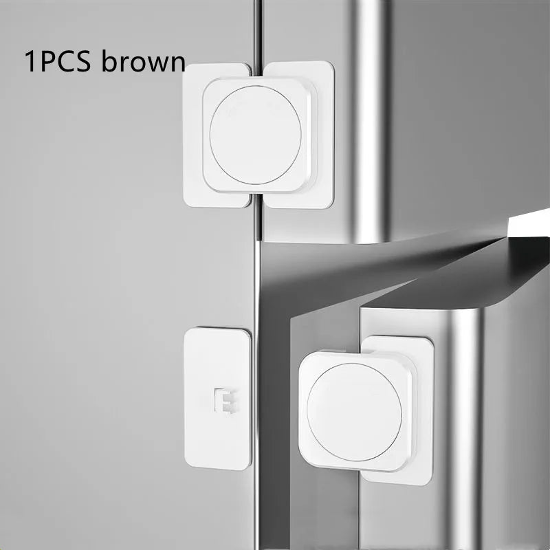 One brown universal safety window and door lock with a round white plate.