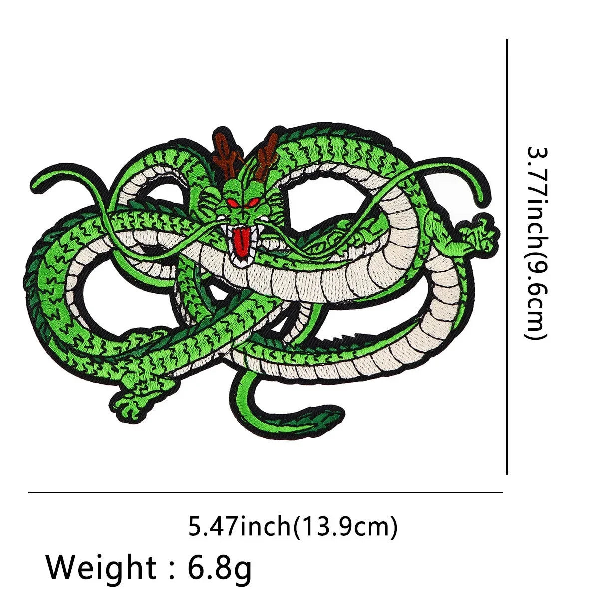 Embroidered green cat dragon iron-on patch featuring a serpentine body and fierce face