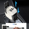 A close-up of a white car charger with a connector being plugged into a vehicle port.