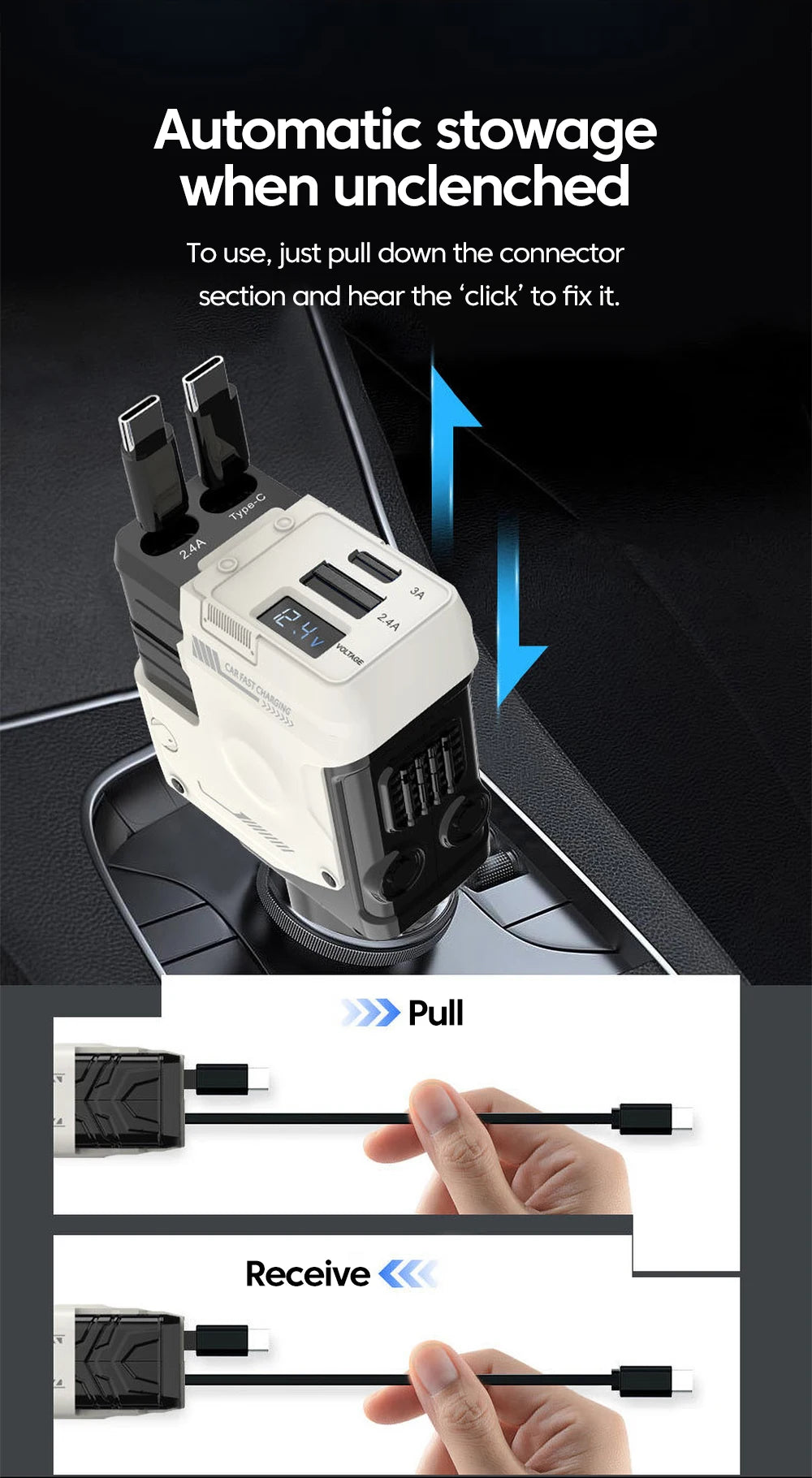 A close-up of a white car charger with a connector being plugged into a vehicle port.
