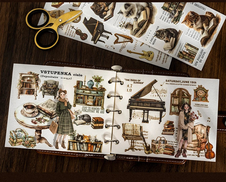 Set Vintage-Transferstickers mit dekorativem Text und Illustrationen zum Scrapbooking