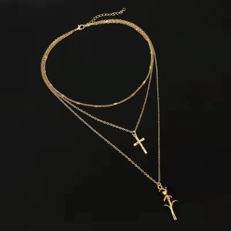 Layered Crystal Heart & Star Pendant Necklace