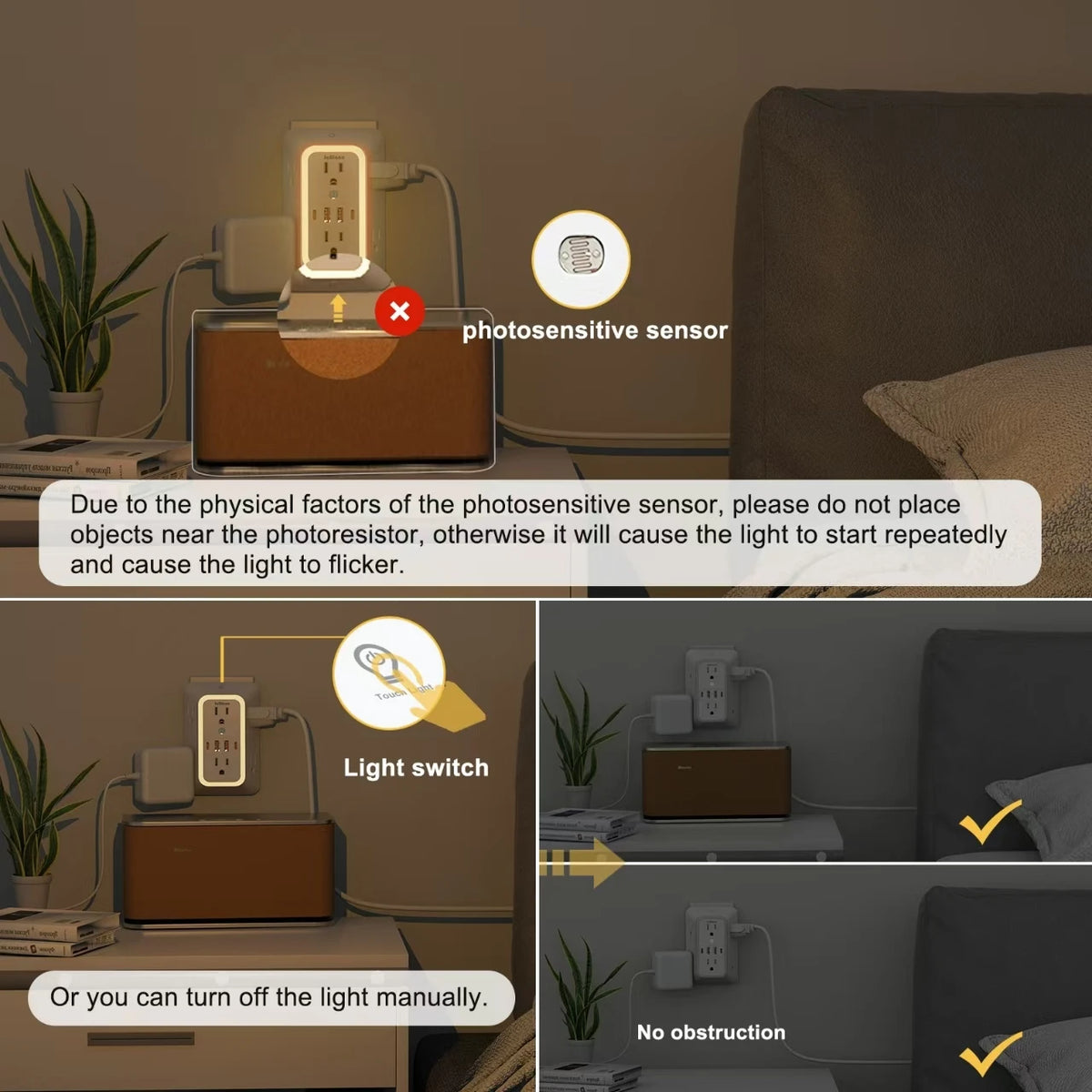 A wall charger outlet with a night light and USB ports demonstrating the use of a photosensitive sensor.