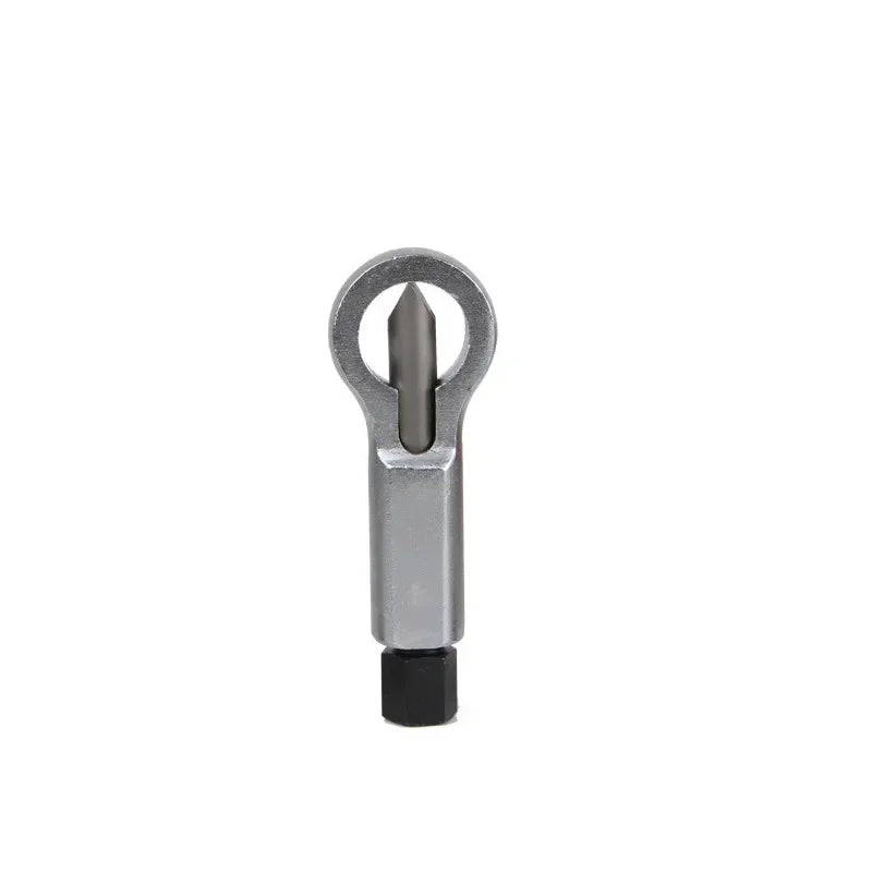 A silver rusty nut splitter tool with a loop and a pointed tip for removing damaged screws and nuts.