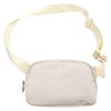A beige adjustable nylon waist pack with a front pocket.