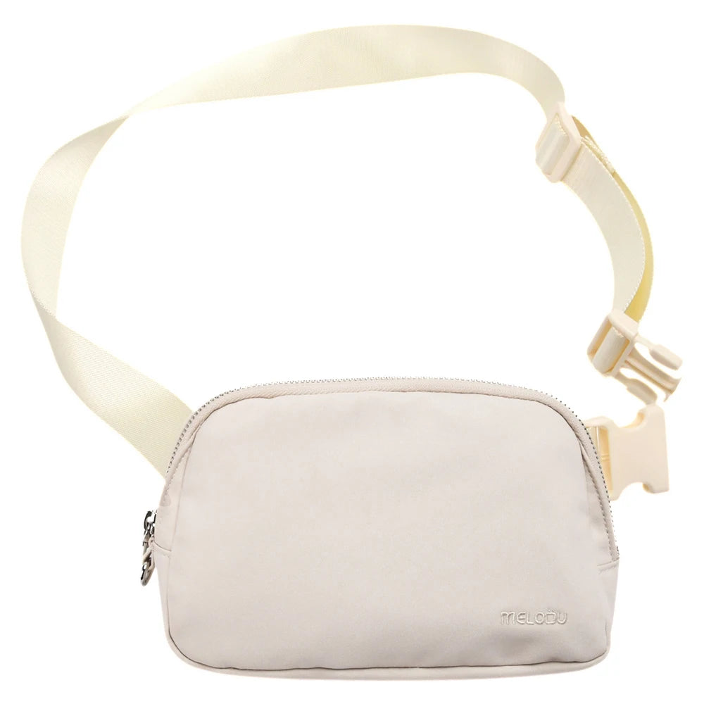 A beige adjustable nylon waist pack with a front pocket.