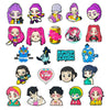 Collection de charms de chaussures à personnages de dessins animés chibi colorés et stylisés.