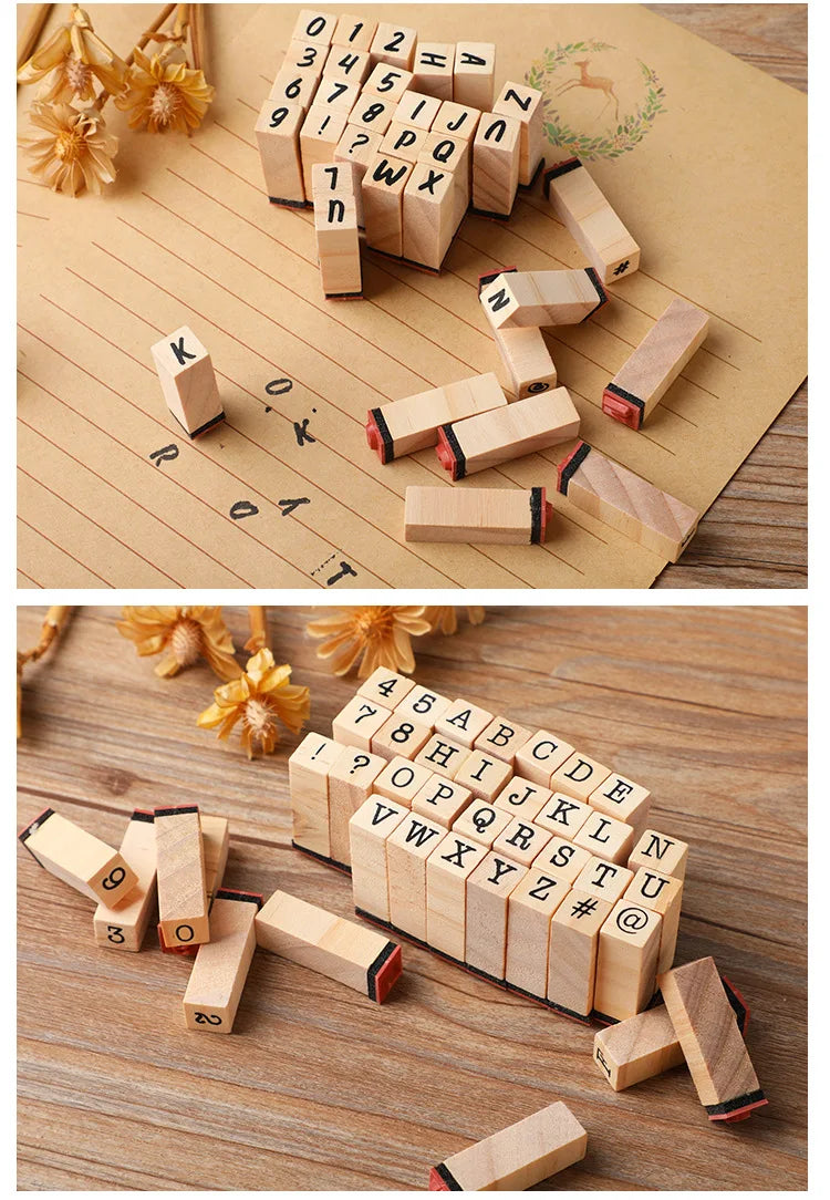 Vintage Wooden Rubber Stamp Set with Ink Pad