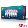 A box showing six smart LED bulbs with RGB color changing capabilities and a pack label.