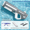 A gray electric water gun is shown against a blue water background with accessories like goggles, a sealed battery, and a USB