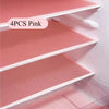 Four pink cut-to-fit EVA fridge shelf liners displayed in a white shelving unit.